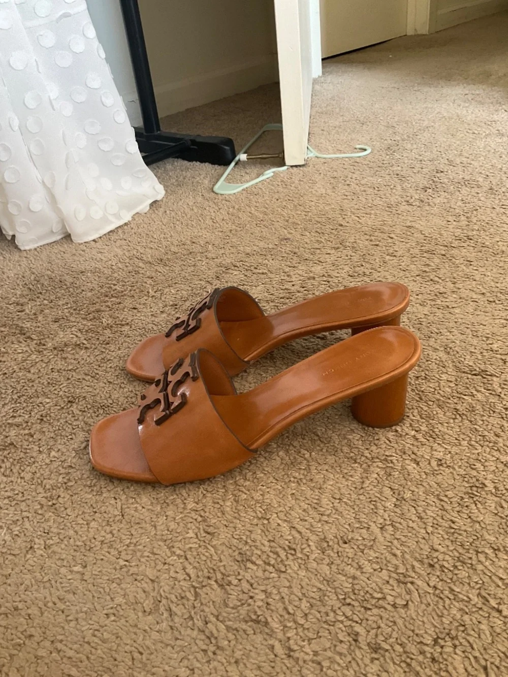 Tory Burch Tan Leather Slide Sandals with Logo Heel